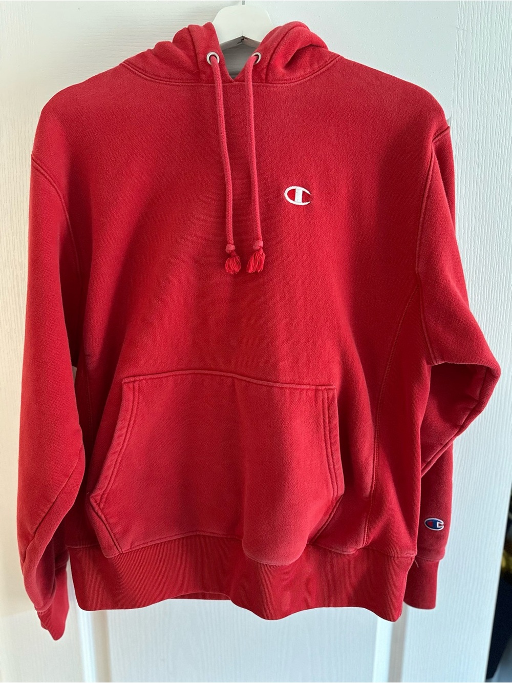 Champion Reverse Weave Hoodie Men’s Medium Red Heavyweight Pullover Sweatshirt